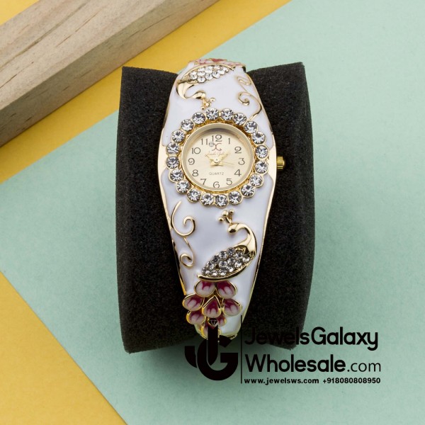 Rose Gold Plated American Diamond White Peacock inspired Fashionable Bracelet Watch