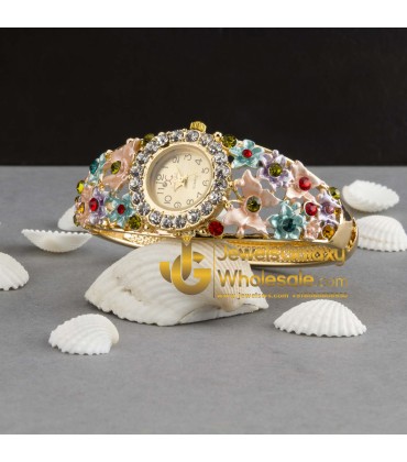 Rose Gold Plated American Diamond Floral Multicolour Fashionable Bracelet Watch