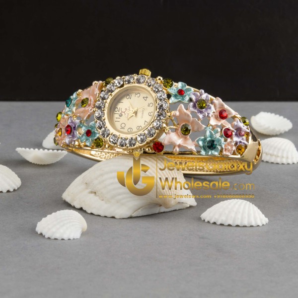 Rose Gold Plated American Diamond Floral Multicolour Fashionable Bracelet Watch