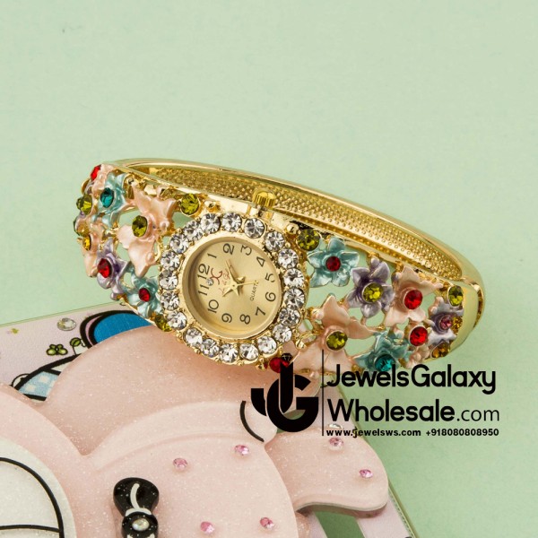 Rose Gold Plated American Diamond Floral Multicolour Fashionable Bracelet Watch