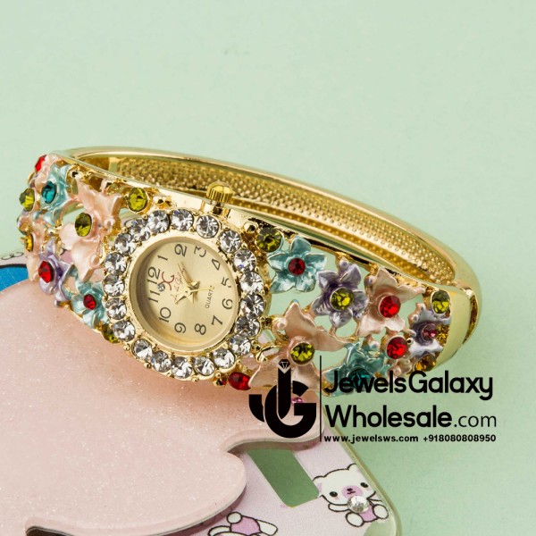 Rose Gold Plated American Diamond Floral Multicolour Fashionable Bracelet Watch