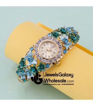 Rose Gold Plated American Diamond Floral Blue Bracelet Watch