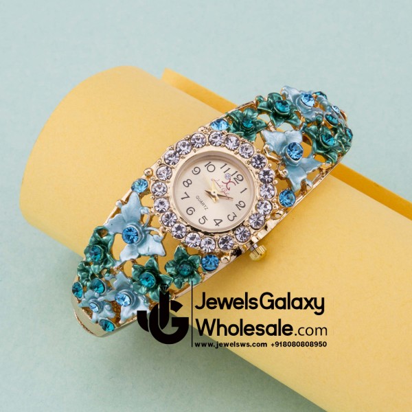 Rose Gold Plated American Diamond Floral Blue Bracelet Watch