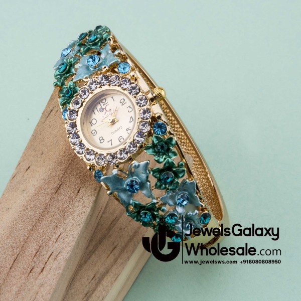 Rose Gold Plated American Diamond Floral Blue Bracelet Watch