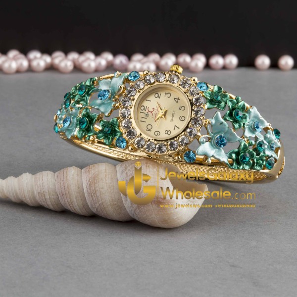 Rose Gold Plated American Diamond Floral Blue Bracelet Watch