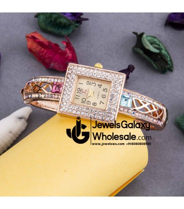 Rose Gold Plated American Diamond Square Design Fashionable Bracelet Watch