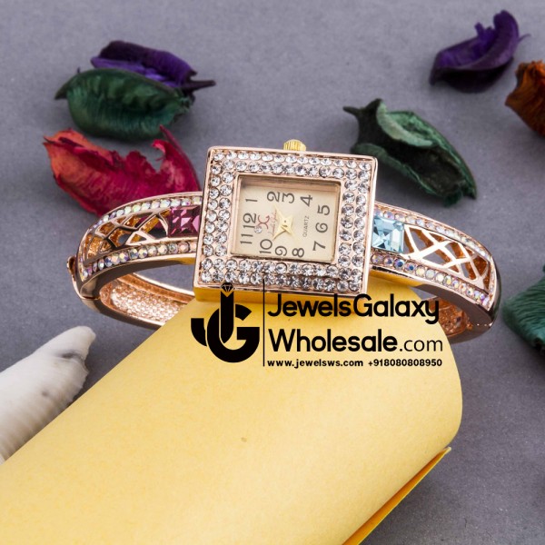 Rose Gold Plated American Diamond Square Design Fashionable Bracelet Watch