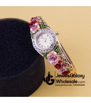 Rose Gold Plated American Diamond Floral Multicolour Fashionable Bracelet Watch