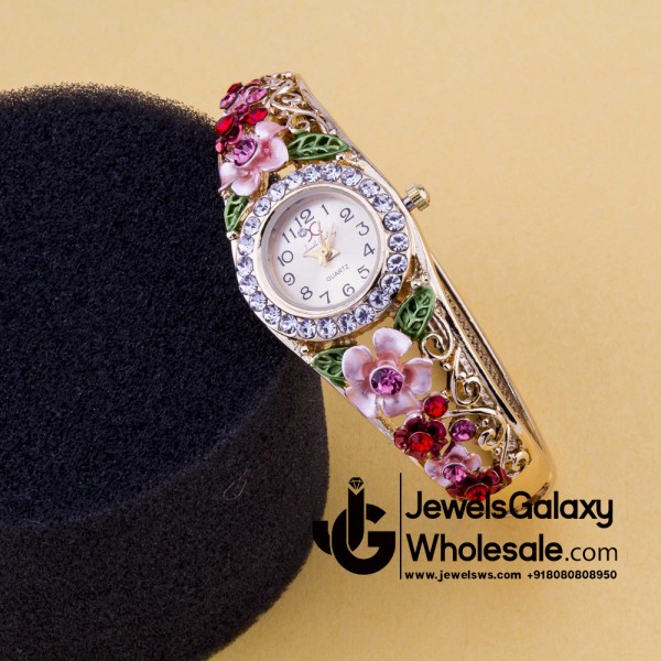 Rose Gold Plated American Diamond Floral Multicolour Fashionable Bracelet Watch