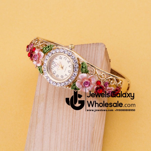 Rose Gold Plated American Diamond Floral Multicolour Fashionable Bracelet Watch