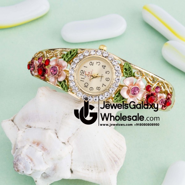 Rose Gold Plated American Diamond Floral Multicolour Fashionable Bracelet Watch