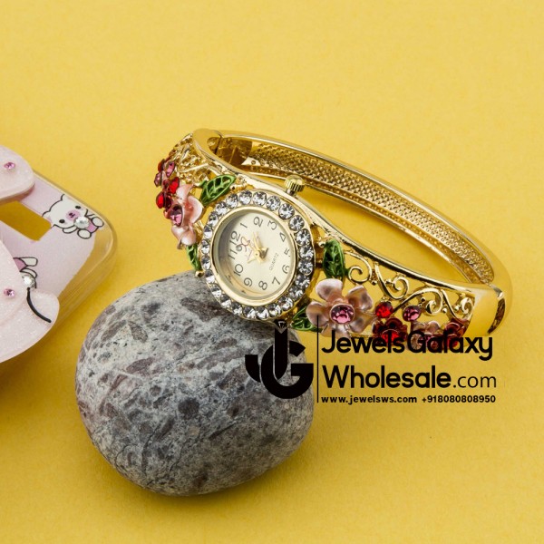 Rose Gold Plated American Diamond Floral Multicolour Fashionable Bracelet Watch