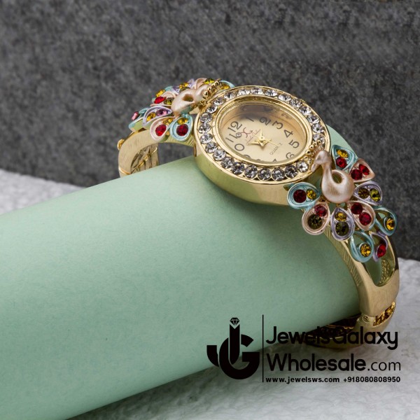 Rose Gold Plated American Diamond Floral Multicolour Bracelet Watch