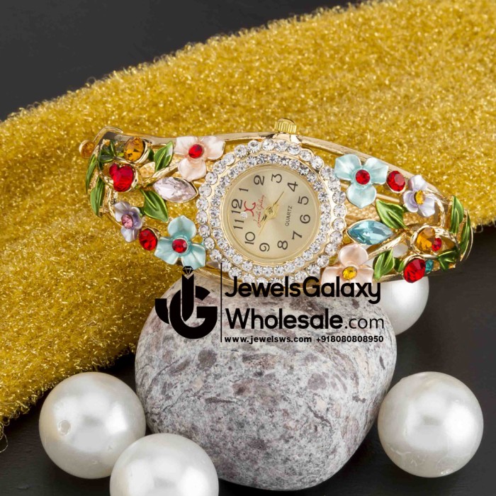 Rose Gold Plated American Diamond Floral Multicolour Bracelet Watch