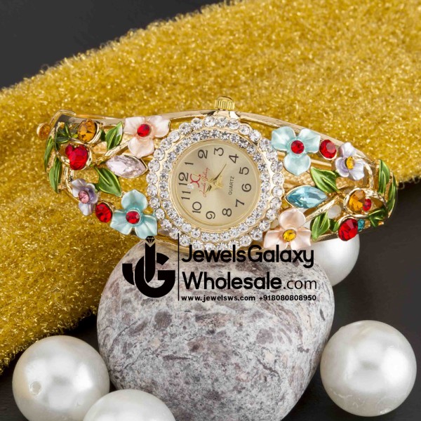 Rose Gold Plated American Diamond Floral Multicolour Bracelet Watch