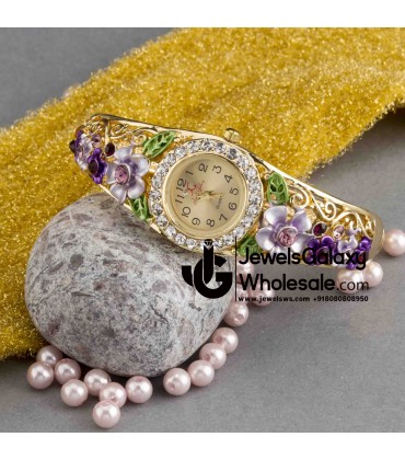 Rose Gold Plated American Diamond Floral Multicolour Bracelet Watch