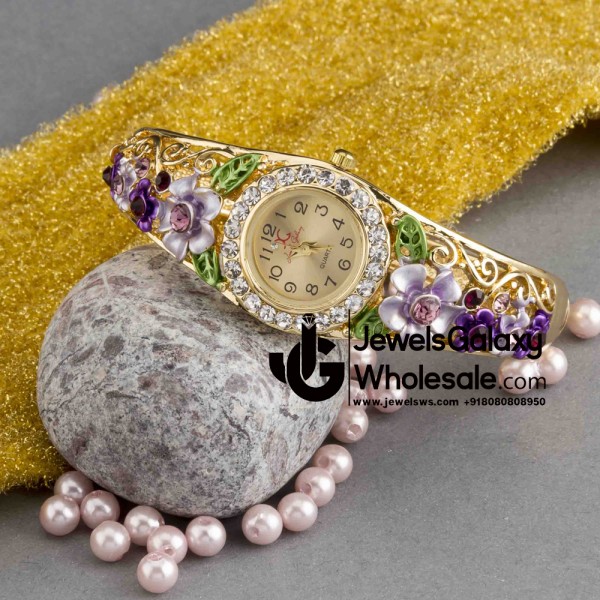 Rose Gold Plated American Diamond Floral Multicolour Bracelet Watch