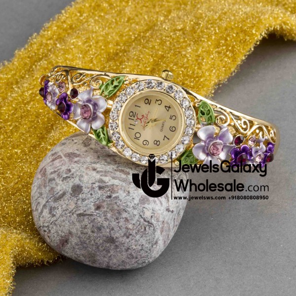 Rose Gold Plated American Diamond Floral Multicolour Bracelet Watch