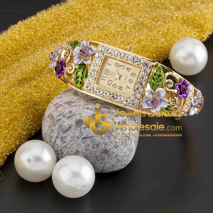 Rose Gold Plated American Diamond Floral Multicolour Bracelet Watch