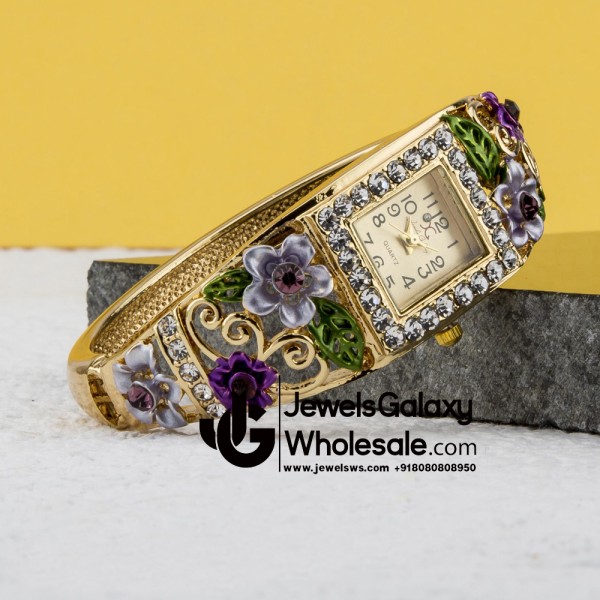 Rose Gold Plated American Diamond Floral Multicolour Bracelet Watch