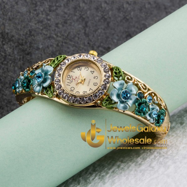 Rose Gold Plated American Diamond Floral Multicolour Bracelet Watch