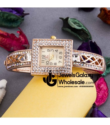 Rose Gold Plated American Diamond Square Design Fashionable Bracelet Watch