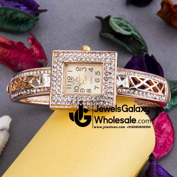 Rose Gold Plated American Diamond Square Design Fashionable Bracelet Watch