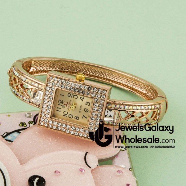 Rose Gold Plated American Diamond Square Design Fashionable Bracelet Watch