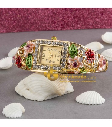 Rose Gold Plated American Diamond Floral Multicolour Bracelet Watch