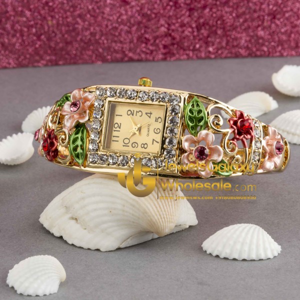 Rose Gold Plated American Diamond Floral Multicolour Bracelet Watch