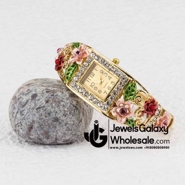 Rose Gold Plated American Diamond Floral Multicolour Bracelet Watch