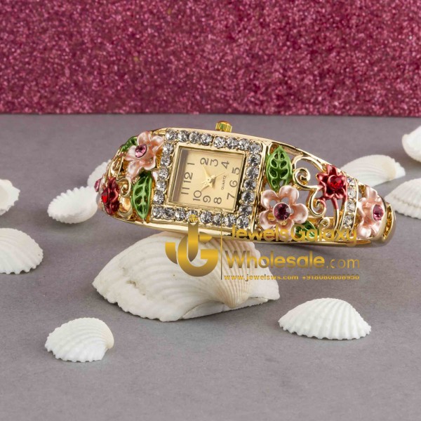 Rose Gold Plated American Diamond Floral Multicolour Bracelet Watch