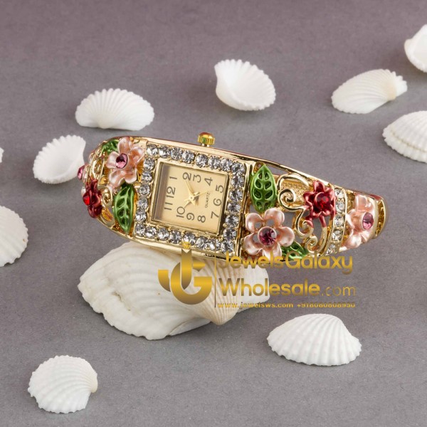 Rose Gold Plated American Diamond Floral Multicolour Bracelet Watch