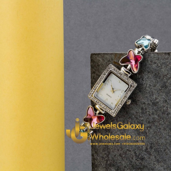 Platinum Plated American Diamond Butterfly Multicolour Bracelet Watch