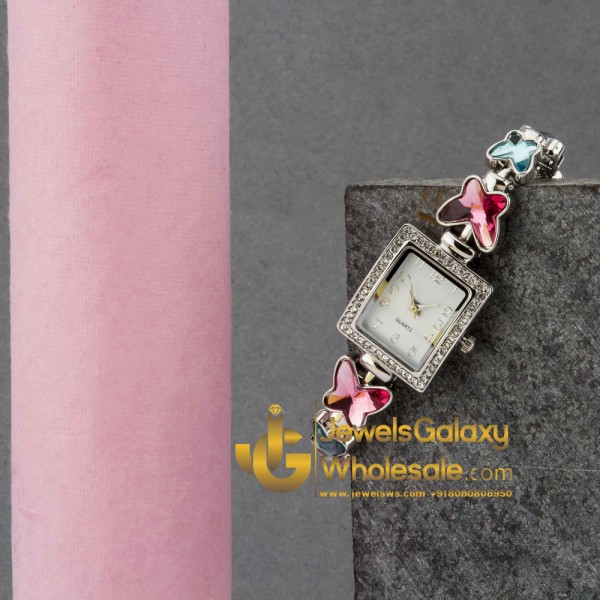 Platinum Plated American Diamond Butterfly Multicolour Bracelet Watch