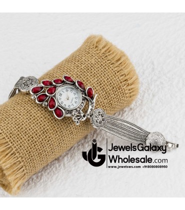 Platinum Plated Red Cubic Zirconia Bracelet Watch