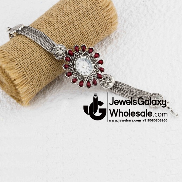 Platinum Plated Red Cubic Zirconia Bracelet Watch