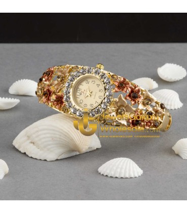 Rose Gold Plated American Diamond Floral Multicolour Bracelet Watch