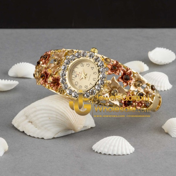 Rose Gold Plated American Diamond Floral Multicolour Bracelet Watch