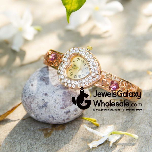 Rose Gold Plated Heart Shape American Diamond Bracelet Watch