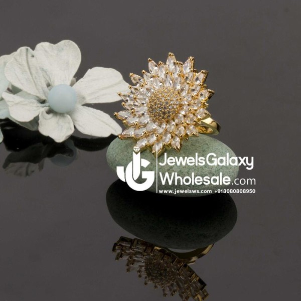 Gold Plated Contemporary White Floral Free Size Ring