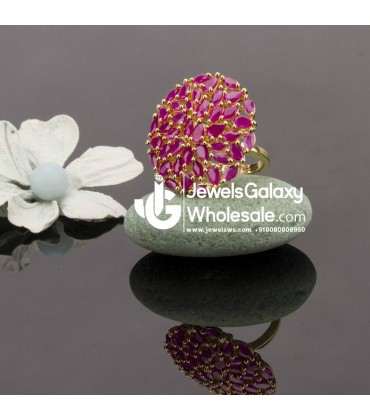 Gold Plated Contemporary Pink Round Free Size Ring