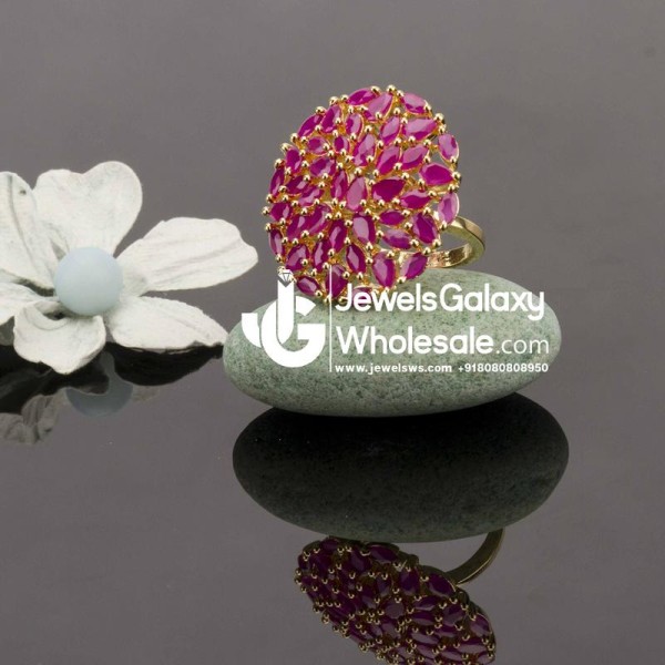 Gold Plated Contemporary Pink Round Free Size Ring