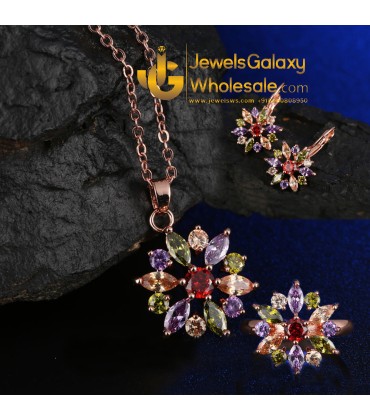 Rose Gold Plated Cubic Zirconia Multicolour Floral Jewellery Set with Ring 4015