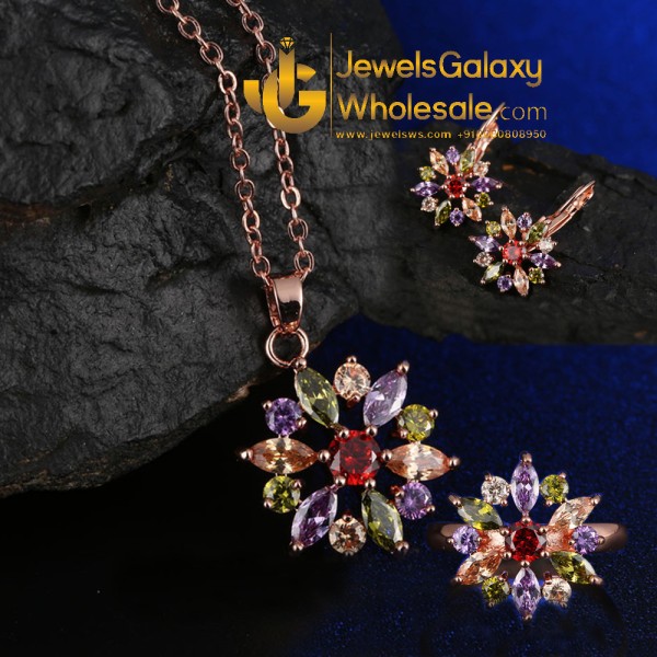 Rose Gold Plated Cubic Zirconia Multicolour Floral Jewellery Set with Ring 4015