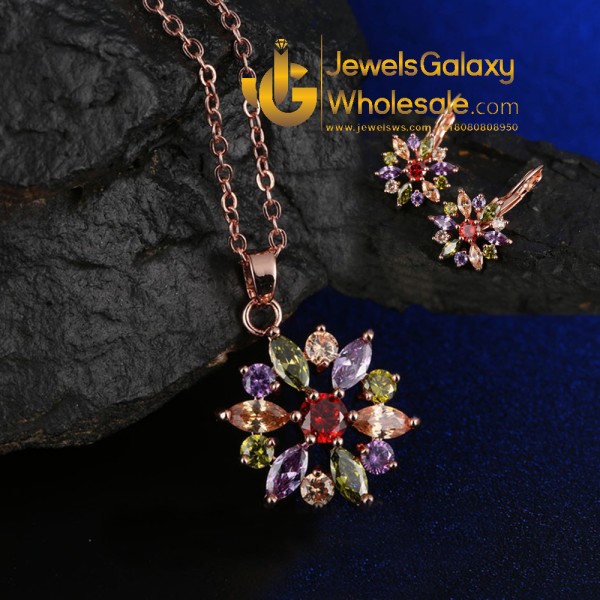 Rose Gold Plated Cubic Zirconia Multicolour Floral Jewellery Set with Ring 4015