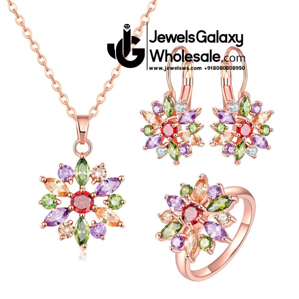 Rose Gold Plated Cubic Zirconia Multicolour Floral Jewellery Set with Ring 4015