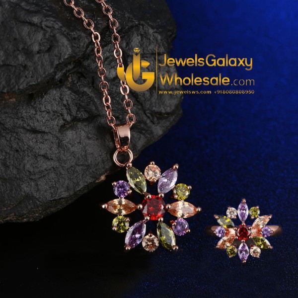 Rose Gold Plated Cubic Zirconia Multicolour Floral Pendant with Ring 4016