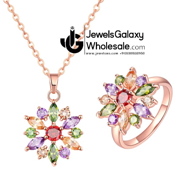 Rose Gold Plated Cubic Zirconia Multicolour Floral Pendant with Ring 4016