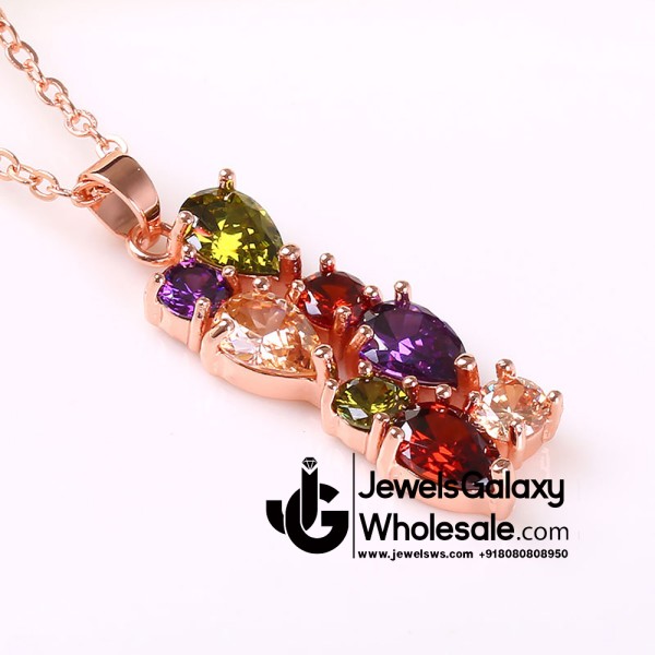 Rose Gold Plated Cubic Zirconia Multicolour Floral Pendant with Ring 4020